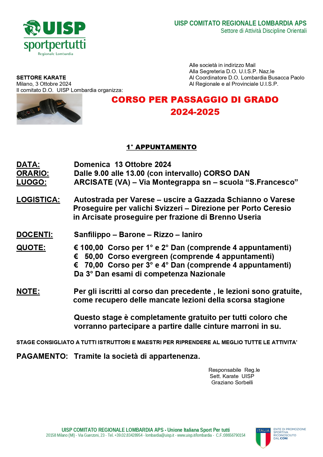 Karate 1 volantino corso DAN 2024 2025